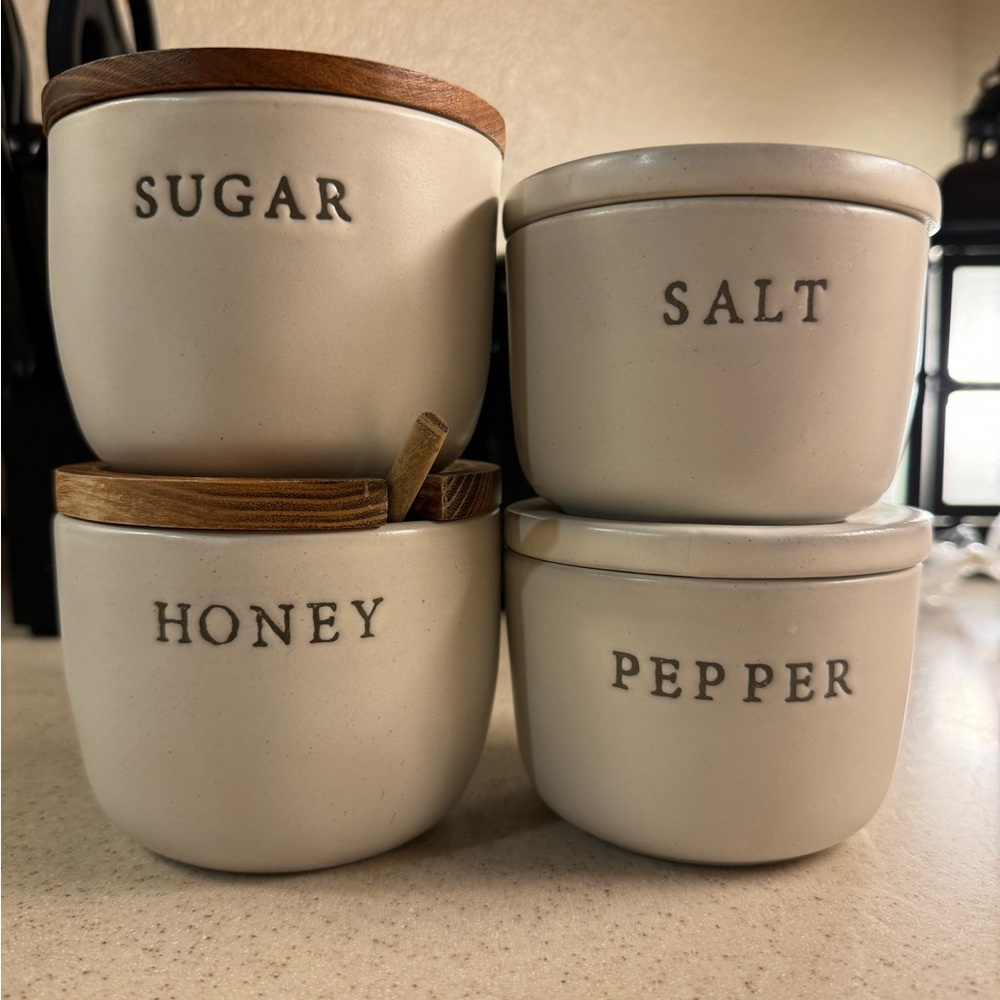 Hearth and hand salt, pepper, honey and sugar jars.